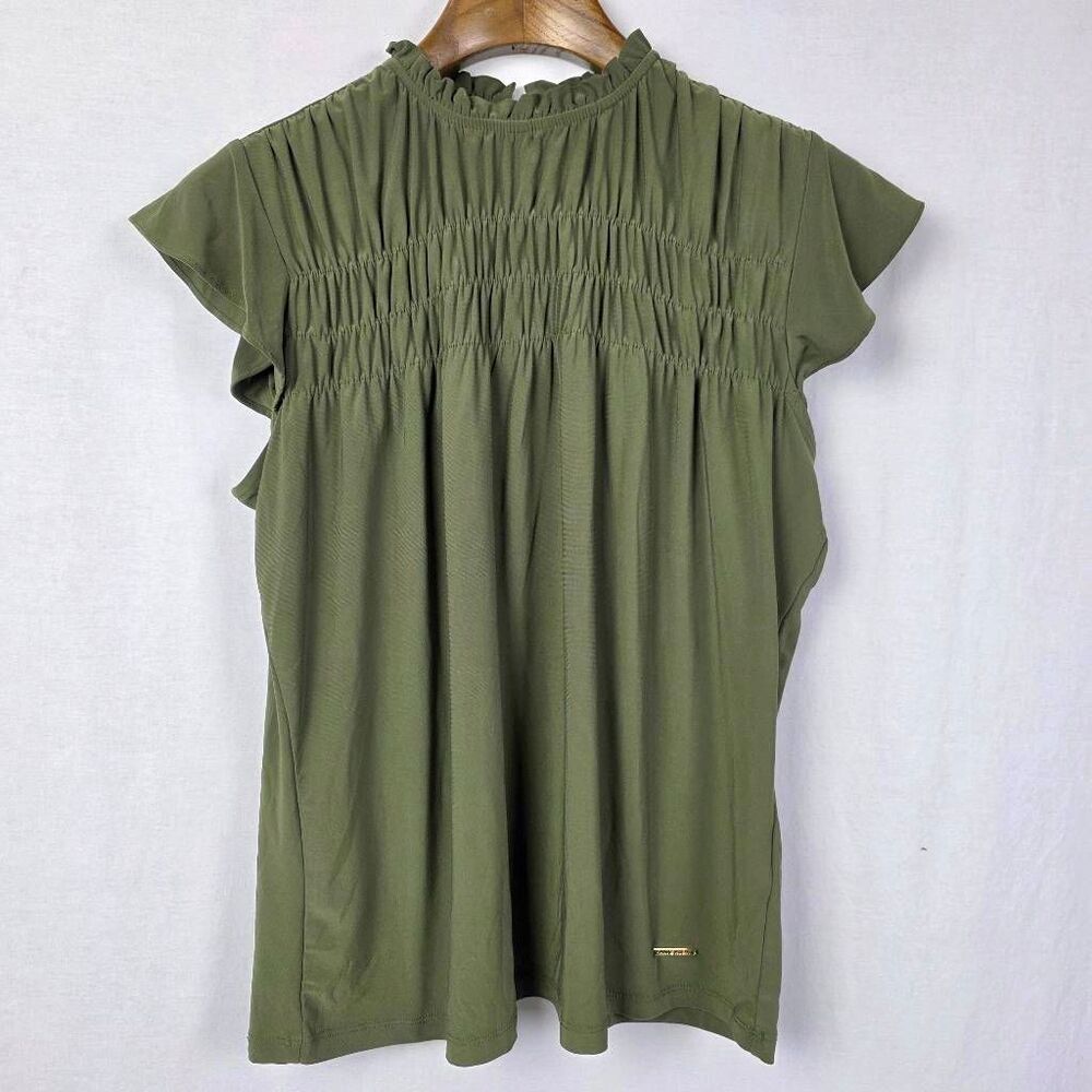 Anne Klein Olive Ruffle Blouse Keyhole Small